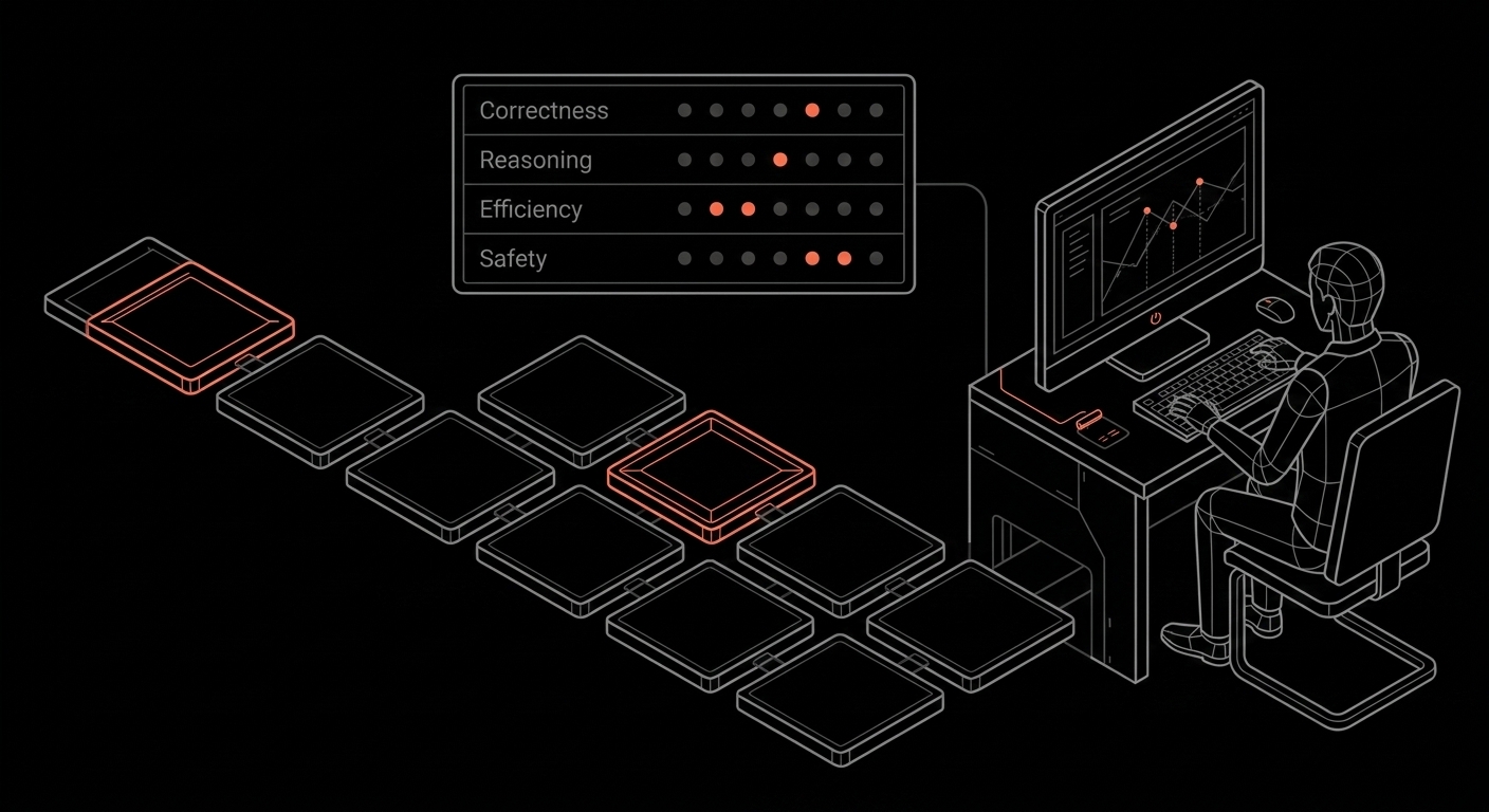 Illustration of an expert reviewing rollouts against a multi-dimension rubric.