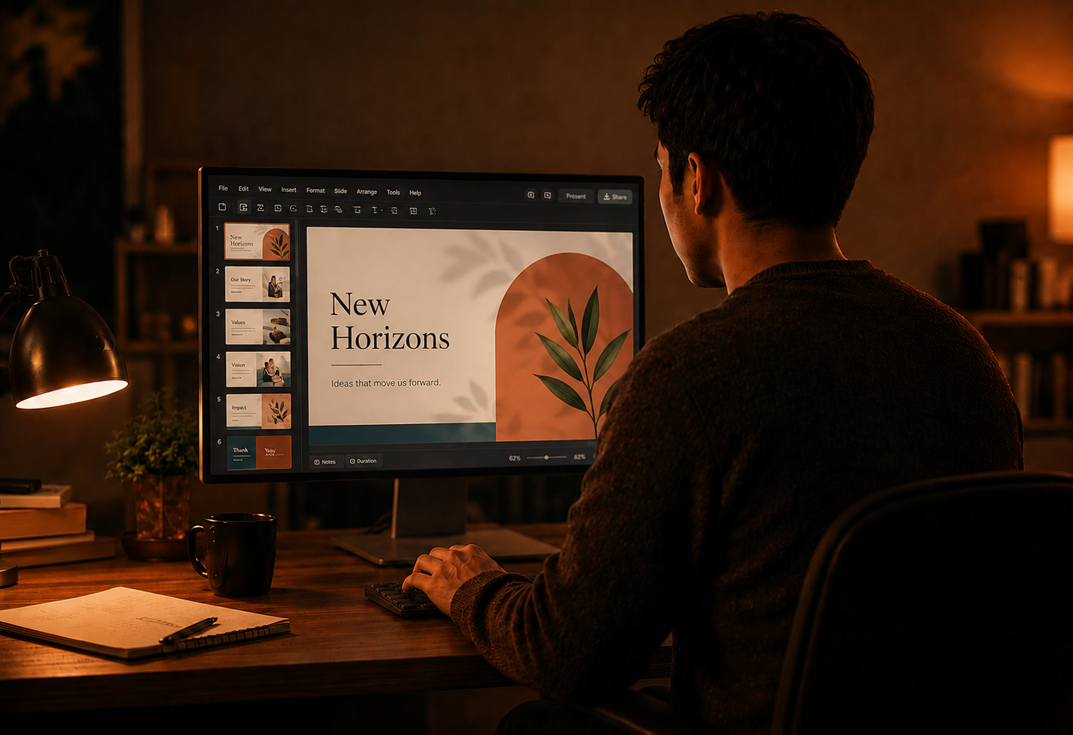 A designer working on a slide layout