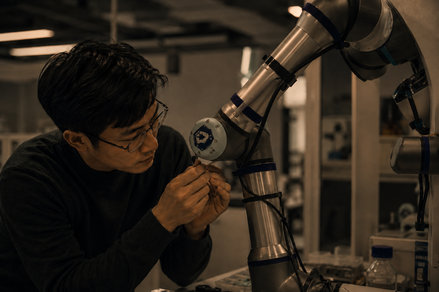Robotics technician calibrating a robot arm